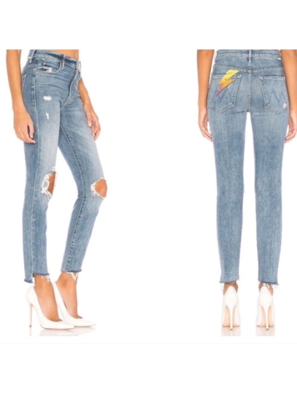 MOTHER Light Blue Skinny Jeans with Yellow Lightning Patch Sz 25